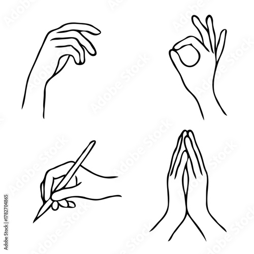 Minimalist Black And White hands Gestures and Actions Logos, human Poses Line art Collection. Illustration pointing at something Outline, Hand Drawn Doodle Simple icons drawing