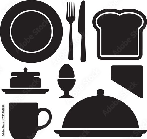 Breakfast Setup Silhouette Icons Set 3 Plate Bread Knife Egg Cup Mug Tray Butter Jar Napkin Minimal Design