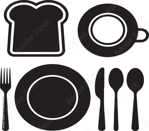 Breakfast Table Scene Silhouette Toast Cup Spoon Plate Icon Set