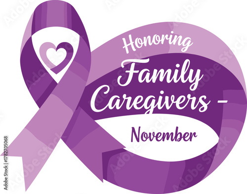 Honoring Family Caregivers icon vector—purple ribbon with heart and November tribute text for support and advocacy compositions