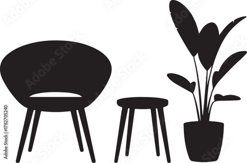 Chair Stool Floor Plant Silhouette Furniture Home Decor Icon Set