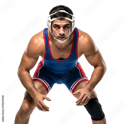 Muscular male wrestler in singlet and headgear ready to compete