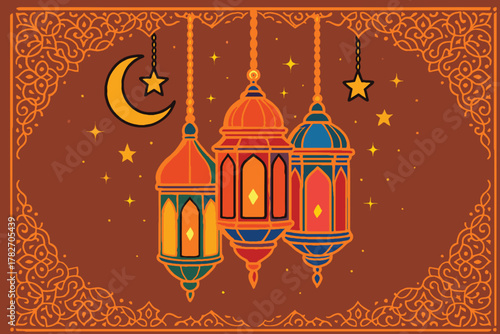 Traditional islamic ramadan lanterns and crescent moon with stars on a decorative background