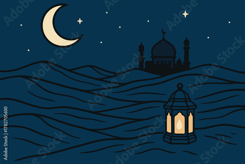 Serene ramadan night with crescent moon stars mosque silhouette and glowing lantern over rolling dunes