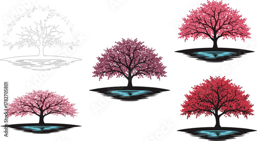 Beautiful cherry blossom trees with pond reflection, elegant spring nature vector illustration in multiple shades of pink and red