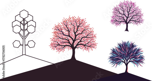 Creative cherry blossom and abstract tree illustration set showing colorful artistic tree designs in unique modern styles
