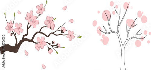 Elegant cherry blossom branch and minimalist pink flower tree illustration representing spring season nature in Japanese style