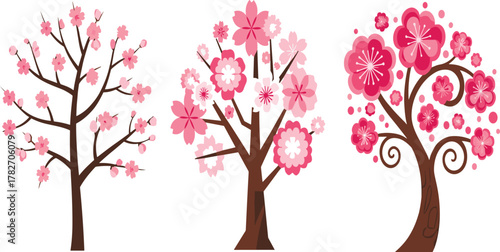 Three decorative cherry blossom trees illustration with pink flowers and brown trunks in spring floral vector design style