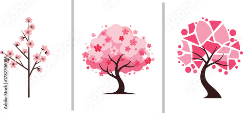 Three pink cherry blossom trees illustration with modern artistic design, blooming floral branches, and abstract spring nature vector