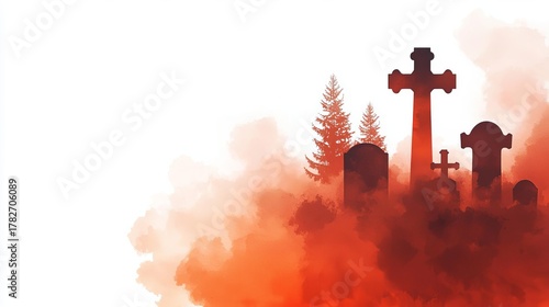 Graveyard with crosses and tombstones, abstract red smoke and pine trees