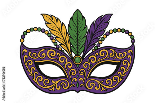 Ornate purple masquerade mask with gold swirls and colorful feathers for mardi gras celebration