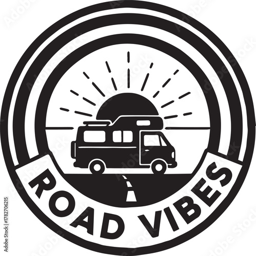 Vintage camper van with sunburst and road vibes text emblem
