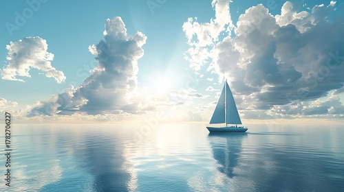Sailboat glides on calm sea under bright sun and fluffy clouds