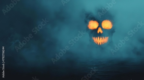 Scary skull with glowing orange eyes and teeth emerges from spooky fog over dark water.