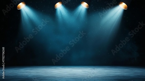 Spotlights illuminating a dark stage with starry background and concrete floor.
