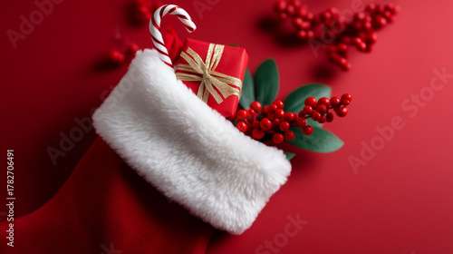 Christmas stocking filled with wrapped gifts and festive decorations on bright red background fluffy white trim of the stocking contrasting with vivid red fabric small presents in
