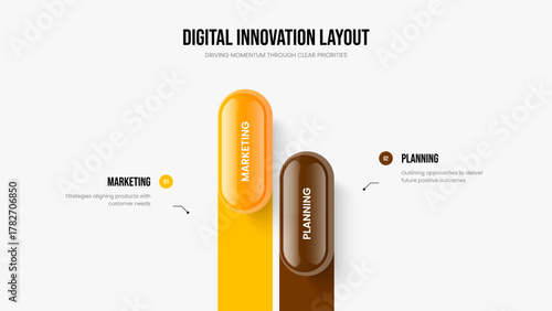 Company Overview 2 Step Infographic Slideshow Design. Market Analysis Two Option Diagram Frame Template. Advertising Planning Presentation Layout Vector Illustration.