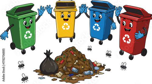 Cartoon recycling bins with expressive faces around garbage pile, waste segregation awareness, eco friendly education, sustainability message, cad drawing flat vector illustration