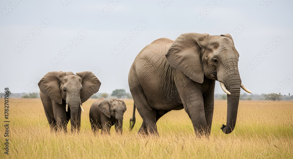 Fototapeta premium Elephants family safari wildlife nature animal africa savanna tusks herd travel tourism vacation wild big
