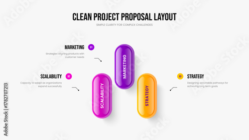 Product Portfolio Three Step Diagram Slideshow Template. Modern Profile 3 Element Infographic Presentation Layout. Sales Launch Frame Design Vector Illustration.
