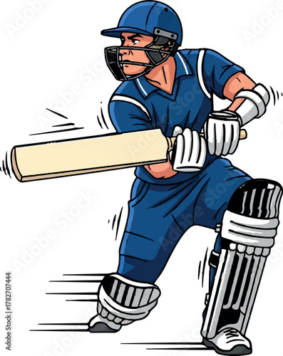 Determined cricketer clad in blue swings bat with force on white background is transparent