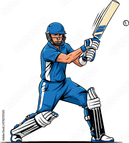 Focused cricketer wearing helmet and pads is hitting a ball with a bat in action