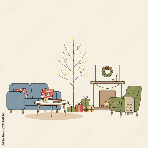 Cozy Living Room Decorated for Winter Holidays with Gifts Under the Tree in Flat Vector Illustration with Single Solid Background