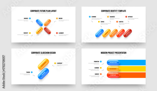 Project Analysis Four Five Two Three Option Infographic Slide Layout Vector Illustration Collection. Company Forecast 4 5 2 3 Step Diagram Slideshow Design Set.