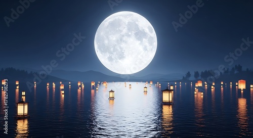 Moon Over Water Lanterns Night Sky