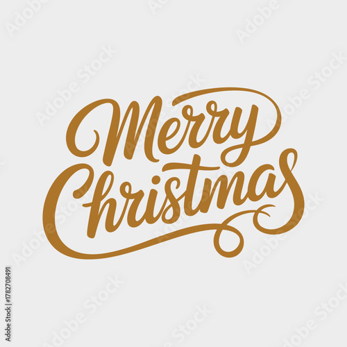 Elegant hand drawn golden script lettering phrase merry christmas on a light gray background for festive holiday greetings and celebrations