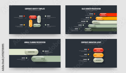 Business Solution 4 5 2 3 Option Diagram Slideshow Template Bundle. Market Analysis Four Five Two Three Element Infographic Slide Layout Vector Illustration Collection.