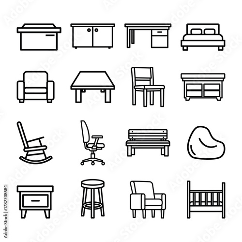 Large collection of sixteen thin line style furniture icons including bedroom office and living room items