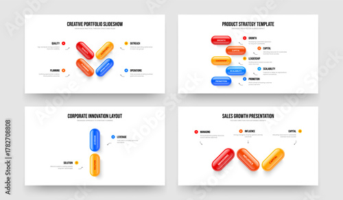 Digital Campaign Four Five Two Three Element Diagram Slideshow Layout Vector Illustration Collection. Consulting Report 4 5 2 3 Option Infographic Presentation Template Set.