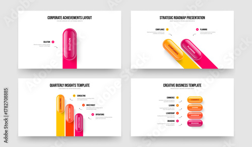 Visual Performance 1 2 3 4 Step Diagram Slideshow Layout Set. Financial Campaign One Two Three Four Element Infographic Frame Template Vector Illustration Bundle.