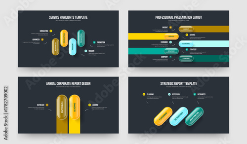 Company Performance Four Five Two Three Option Diagram Slideshow Template Vector Illustration Set. Advertising Innovation 4 5 2 3 Element Infographic Frame Design Bundle.