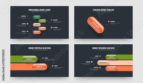 Visual Review 5 1 2 3 Element Diagram Presentation Template Collection. Modern Planning Five One Two Three Step Infographic Slideshow Layout Vector Illustration Bundle.