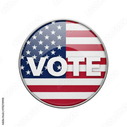 Circular american flag vote button with white text isolated on transparent background