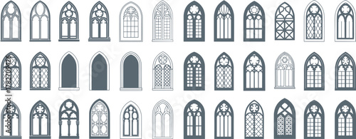 Gothic window silhouette set featuring 35 unique architectural designs with pointed arches, tracery, mullions, and ornate medieval decorative patterns