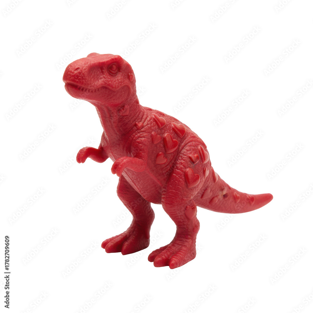 Fototapeta premium Whimsical Red Tyrannosaurus Rex Toy Adorned with Affectionate Hearts on a Seamless Backdrop