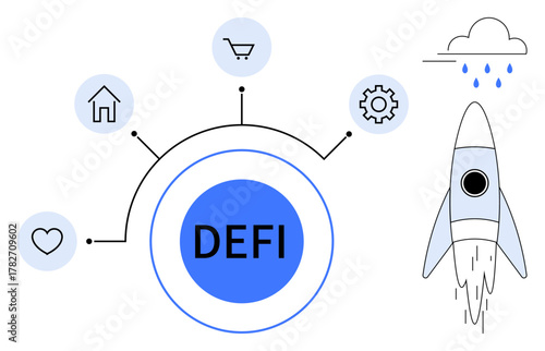 DEFI text with icons for home, heart, cart, and cogwheel connected as a network, symbolizing financial systems. Rocket launch represents innovation. Ideal for blockchain, finance, fintech growth