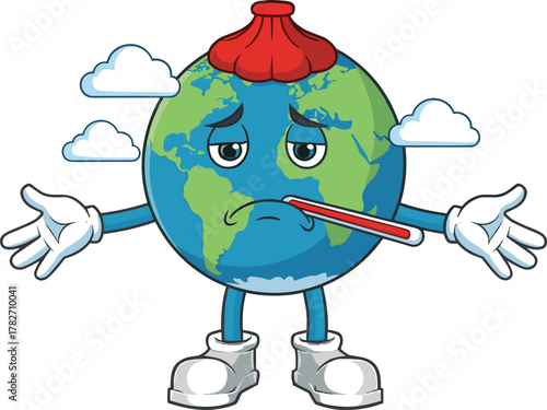 Cartoon sick Earth, global warming mascot, vector illustration, sad planet character, environmental artwork, climate change cartoon, unhealthy world design, fever