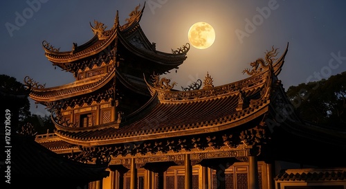 Chinese Temple Under Moon at Night