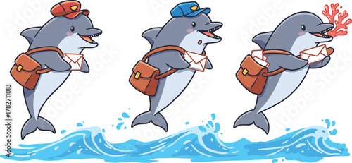 Cute cartoon dolphin mailman delivering letters over ocean waves, adorable marine animal character illustration, sea delivery service concept