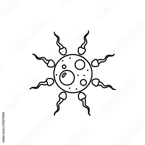 A simple line drawing of sperm surrounding a round egg, isolated on a transparent background. Concept related to medicine, reproductive health, and the fertilization process.