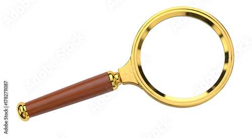 Golden Magnifying Glass with Wooden Handle on Black Background lens zoom
