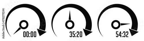 Speedometer vector, icon set. Low, medium and high concept speedometer sign design. Risk meter icon set with RPM, fuel for car speed measurement visuals. Gauge elements of tachometer. Vector image.