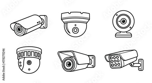 Line art illustration depicting various types of security surveillance cameras