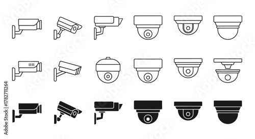 Collection of security camera icons in varying styles and designs