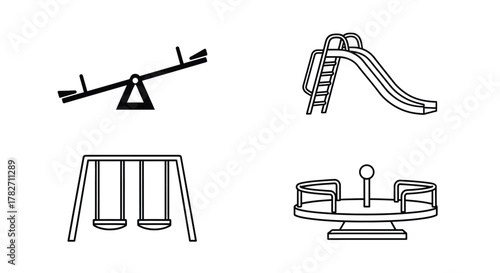 Black and white line drawings of playground equipment for children