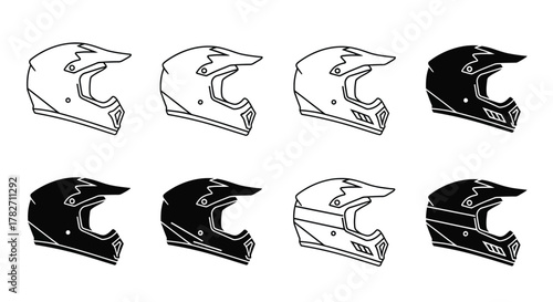 Black and white illustrations of motocross helmets in various views
